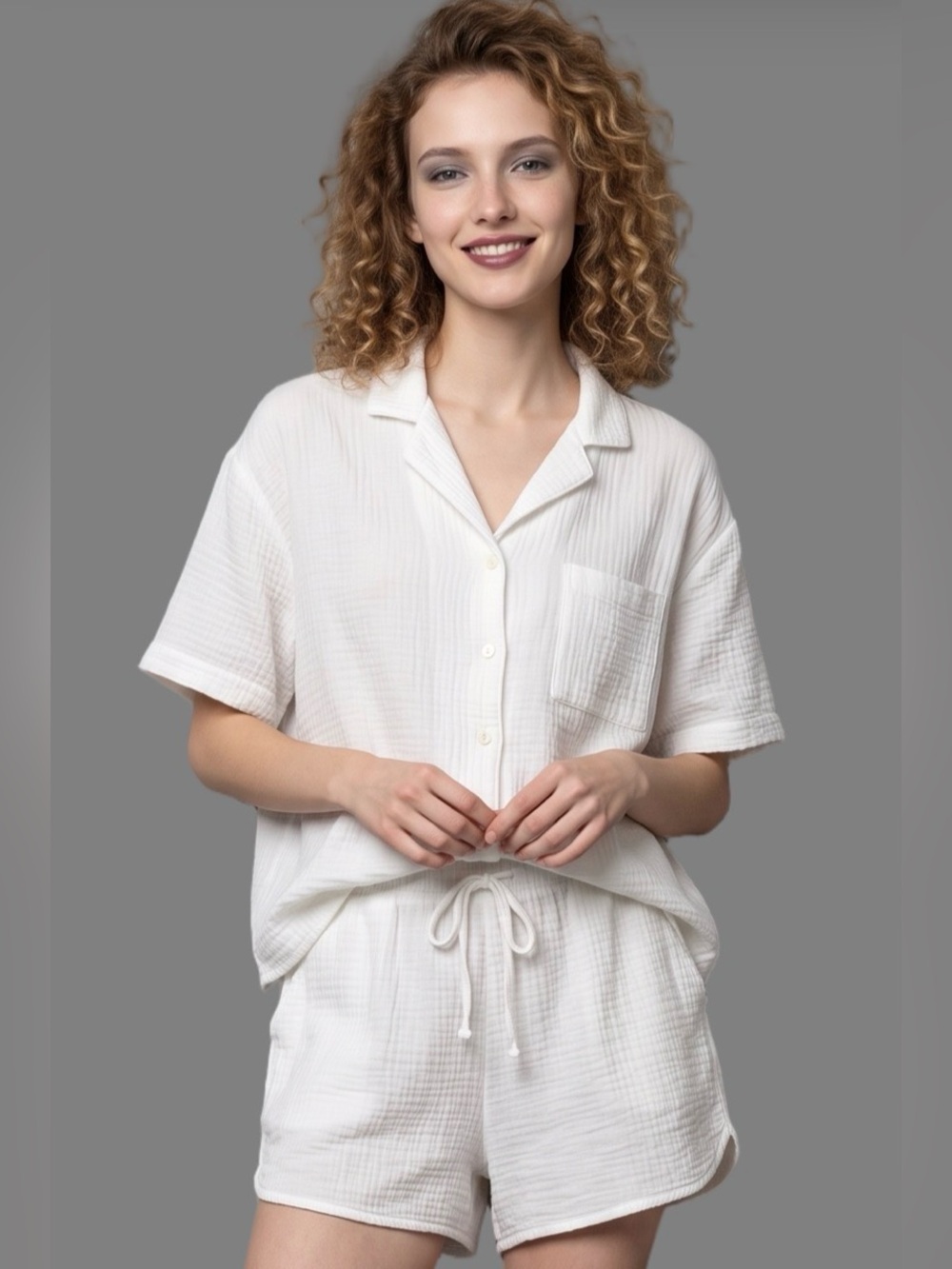 STARS ABOVE White Pajama Top & Shorts Button front Shortsleeve Cotton Texture LG